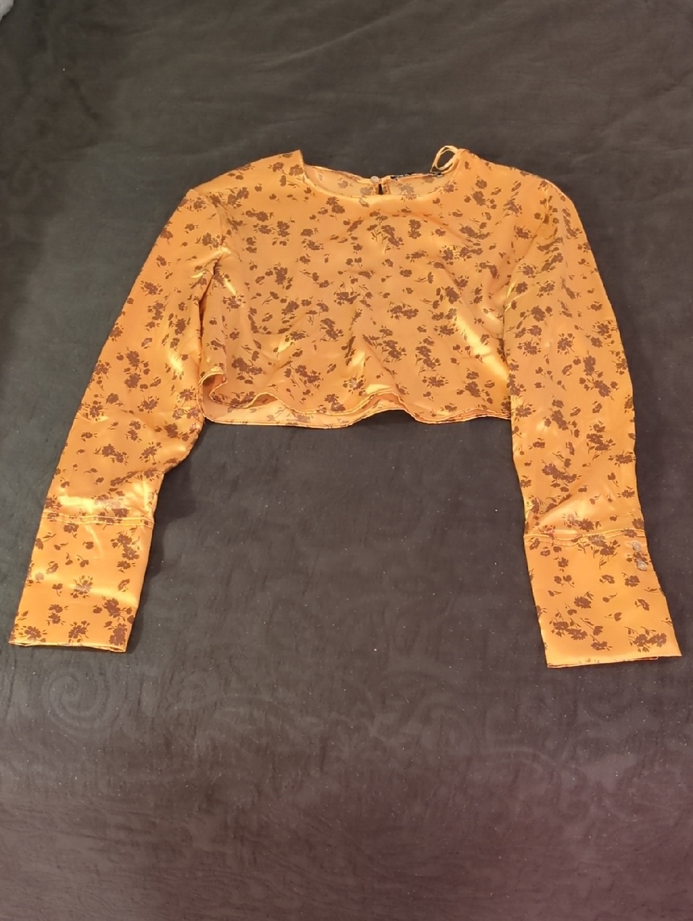 Satin Floral Cropped Top - Light Brown with Dark Brown Print Flowers